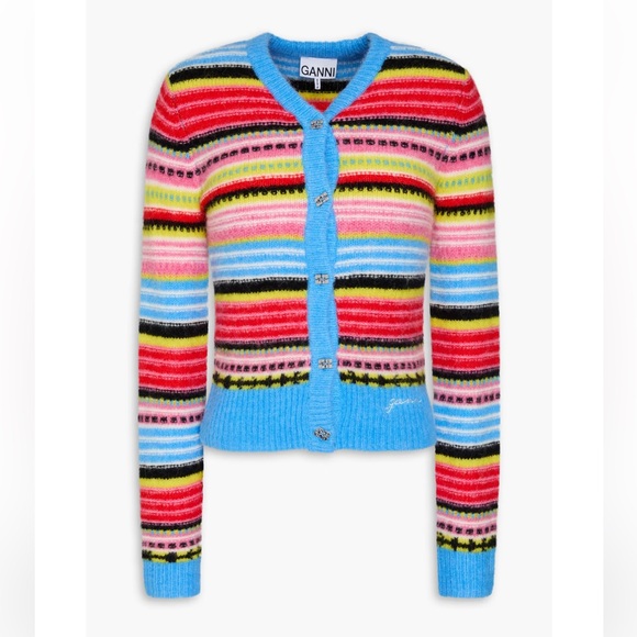 GANNI Alpaca Wool Multicolor Striped Women's Sweater Cardigan - Picture 1 of 14